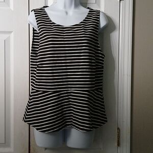 J Crew black white stripe sleeveless blouse full zipper back Sz L EUC